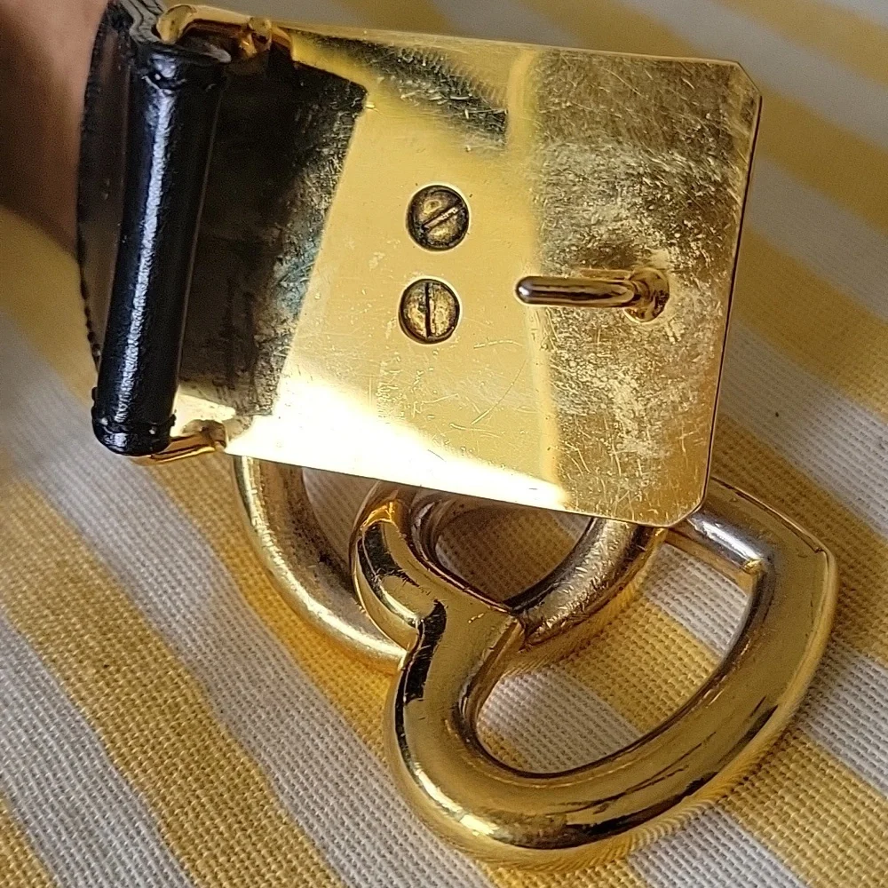 RARE VINTAGE 90s MOSCHINO REDWALL Black Leather Belt with Gold Heart Lock Charm